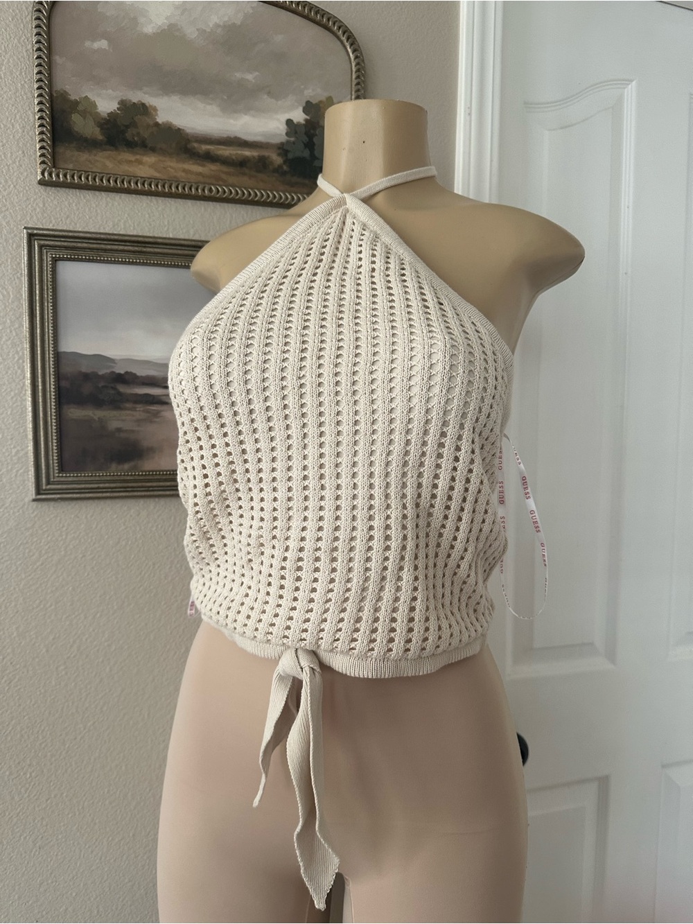 Guess Cream Knit Halter Tie-Front Crop Top
